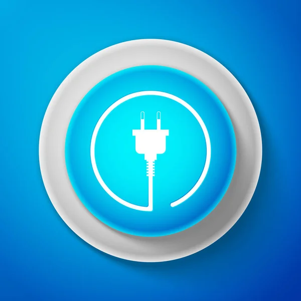 White Electric plug icon isolated on blue background. Concept of connection and disconnection of the electricity. Circle blue button with white line. Vector Illustration — Stock Vector