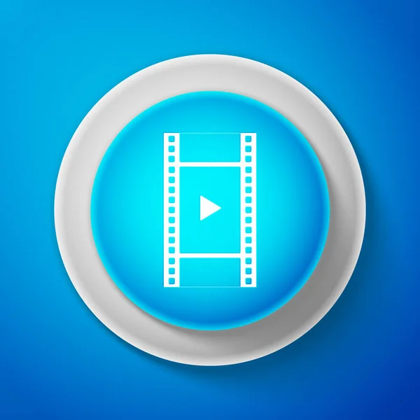 Weiße Wiedergabe Video-Symbol isoliert auf blauem Hintergrund. Filmstreifen mit Spielzeichen. Kreis blauer Knopf mit weißer Linie. Vektorillustration — Stockvektor