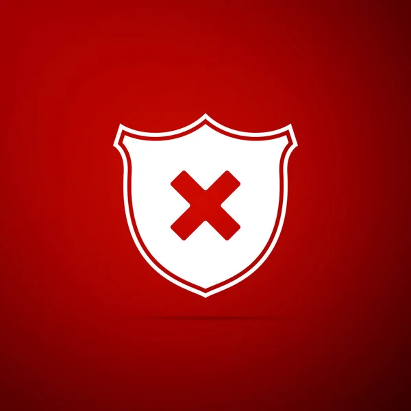 Escudo y cruz x marca icono aislado sobre fondo rojo. Denegado signo desaprobado. Protección y seguridad o conceptos de fiabilidad. Diseño plano. Ilustración vectorial — Vector de stock