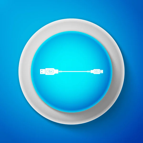 Icono blanco de cables USB Micro aislado sobre fondo azul. Conectores y enchufes para PC y dispositivos móviles. Conector de periféricos de computadora o suministro de recarga de teléfonos inteligentes. Ilustración vectorial — Vector de stock