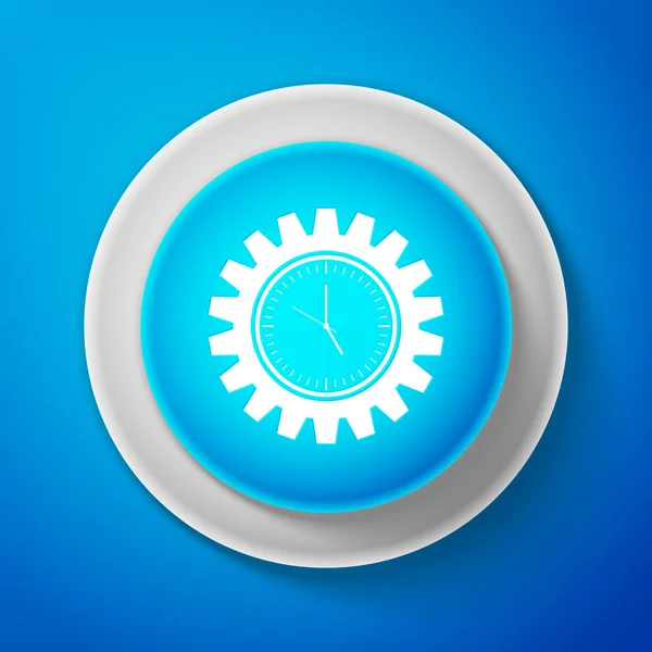 Белый значок часового механизма выделен на синем фоне. Символ управления временем. Круговая синяя кнопка с белой линией. Векторная миграция — стоковый вектор