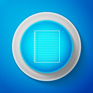 İzole mavi zemin üzerine beyaz dizüstü simgesi. Spiral Not defteri simgesi. Öğrenci yarıyıl Not defteri. Yazı defteri. Günlük iş için. Defter kapağı. Ofis Kırtasiye öğeleri. Daire mavi düğme. Vektör çizim