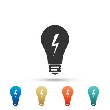 Işık lamba işareti. Ampul beyaz arka plan üzerinde izole yıldırım sembol simge ile. Fikir sembolü. Renkli simgeler kümesi öğeleri. Düz tasarım. Vektör çizim