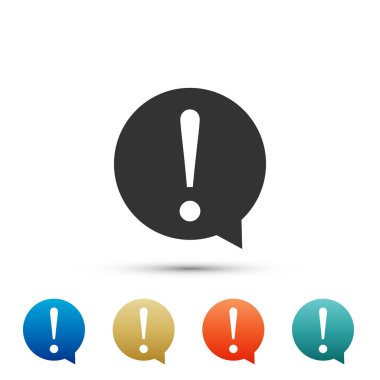 Daire simgesi beyaz arka plan üzerinde izole ünlem işareti. Tehlike uyarı sembolü. Renkli simgeler kümesi öğeleri. Düz tasarım. Vektör çizim