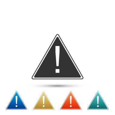 Üçgen simgesi beyaz arka plan üzerinde izole ünlem işareti. Tehlike uyarı işareti, dikkat, dikkat, tehlike uyarı bilgi işareti. Öğeleri renkli simge seti. Düz tasarım. Vektör çizim