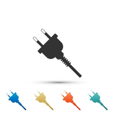 Beyaz arka plan üzerinde izole elektrik fişi simgesi. Bağlantı ve kopukluk elektrik kavramı. Renkli simgeler kümesi öğeleri. Düz tasarım. Vektör çizim