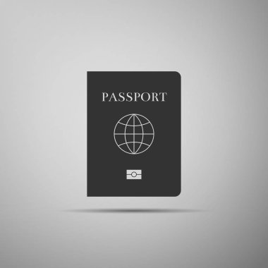 Passport ile biyometrik veri simgesi gri arka plan üzerinde izole. Kimlik belgesi. Düz tasarım. Vektör çizim