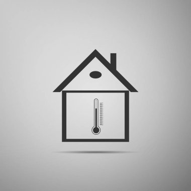 Ev sıcaklığı simgesi gri arka plan üzerinde izole. Termometre simgesi. Düz tasarım. Vektör çizim