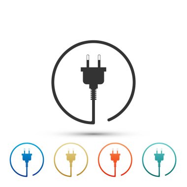 Beyaz arka plan üzerinde izole elektrik fişi simgesi. Bağlantı ve kopukluk elektrik kavramı. Renkli simgeler kümesi öğeleri. Düz tasarım. Vektör çizim