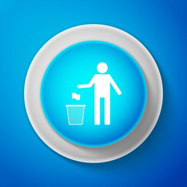 Beyaz çöp tenekesi simgesine üzerinde mavi arka plan izole. Çöp kutusu işareti. Beyaz çizgili daire mavi düğme. Vektör çizim