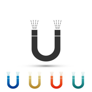 Beyaz arka plan üzerinde izole mıknatıs simgesini. At nalı mıknatıs, manyetizma, manyetize, cazibe. Renkli simgeler kümesi öğeleri. Düz tasarım. Vektör çizim