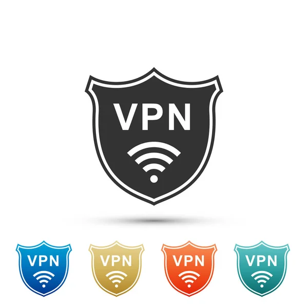 Vpn と Wifi 無線インターネット ネットワーク シンボル アイコンが白い背景で隔離の盾します。Vpn は、安全コンセプトを保護します。セキュリティのための仮想プライベート ネットワーク。フラットなデザイン。ベクトル図 — ストックベクタ