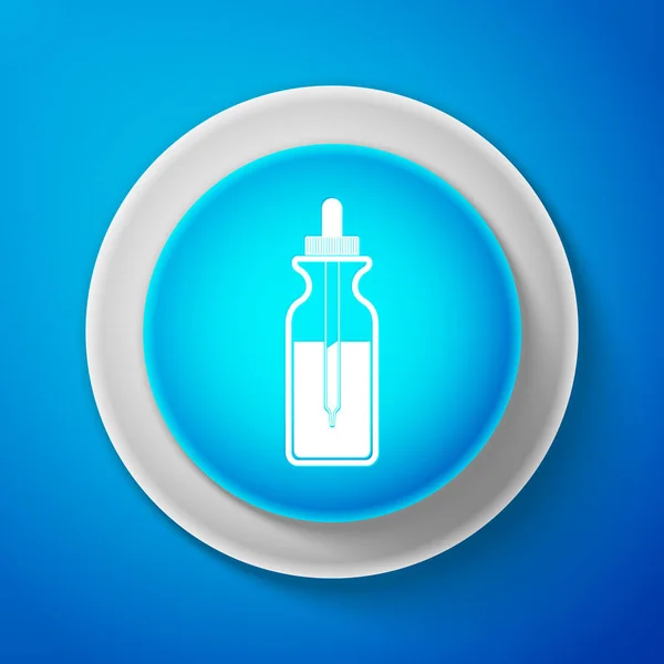 ピペットのホワイト ガラス瓶。バイアル中のピペットと青の背景に分離されたコンピューターを閉じたままのアイコン。医療や化粧品の製品のコンテナーです。青い丸ボタン。ベクトル図 — ストックベクタ