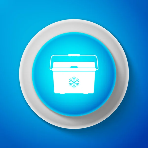 Svalare vit väska ikonen isolerad på blå bakgrund. Portabel fryspåse. Handhållen kylskåp. Cirkel blå knapp med vit linje. Vektorillustration — Stock vektor
