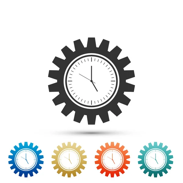 Óra fogaskerék ikonra elszigetelt fehér background. Time Management szimbólum. Színes ikonok beállítása lencsetag. Lapos kivitel. Vektoros illusztráció — Stock Vector