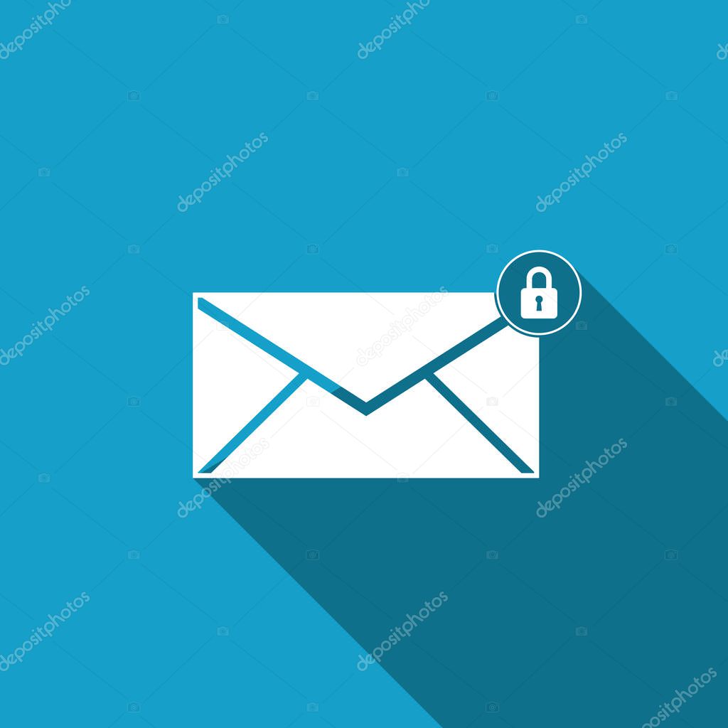 Email message lock password icon isolated with long shadow. Envelope with padlock sign. Private mail and security, secure, protection, privacy symbol. Flat design. Vector Illustration