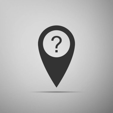 İşaretçi soru simgesi simgesi gri arka plan üzerinde izole ile eşleyin. İmleç konumu işaret. Konumu haritalar için. Gezinti için oturum açın. Dizin konumu harita üzerinde. Düz tasarım. Vektör çizim