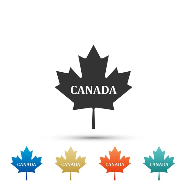 Canadese esdoornblad met stad naam Canada icoon geïsoleerd op een witte achtergrond. Set elementen in gekleurde pictogrammen. Platte ontwerp. Vectorillustratie — Stockvector