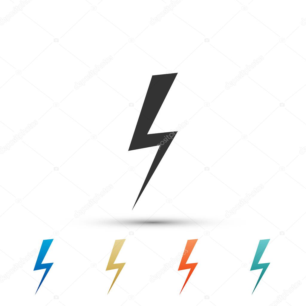 Lightning bolt icon isolated on white background. Flash icon. Charge flash icon. Thunder bolt. Lighting strike. Set elements in colored icons. Flat design. Vector Illustration