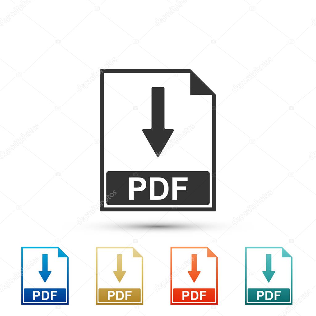 PDF file document icon isolated on white background. Download PDF button sign. Set elements in colored icons. Flat design. Vector Illustration