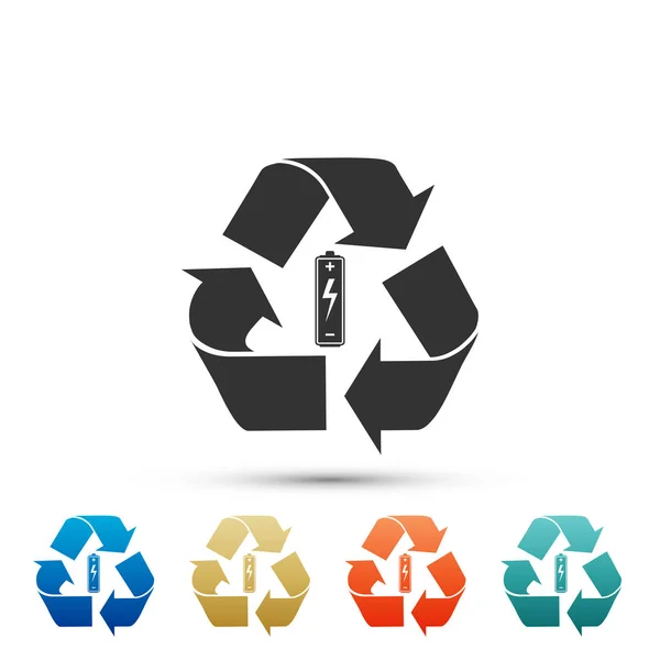 Baterie symbolem recyklace - obnovitelné zdroje energie koncepce ikonu izolovaných na bílém pozadí. Nastavte prvky v barevné ikony. Plochý design. Vektorové ilustrace — Stockový vektor