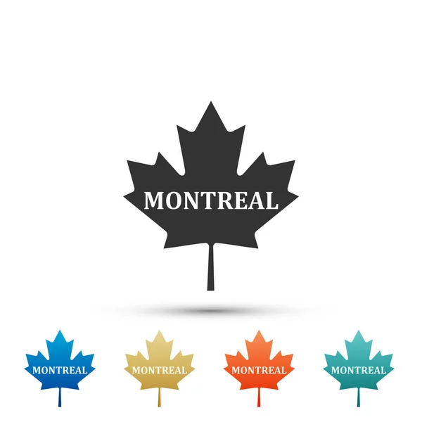 Folha de bordo canadense com nome de cidade Ícone de Montreal isolado no fundo branco. Definir elementos em ícones coloridos. Design plano. Ilustração vetorial — Vetor de Stock
