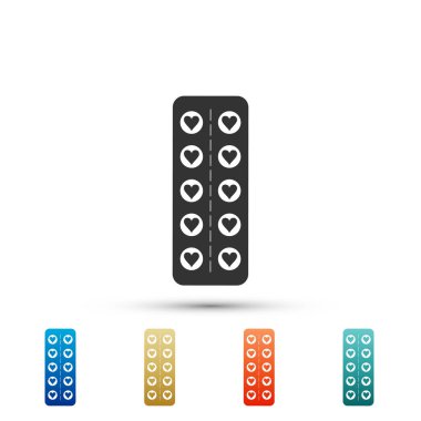 Vakumlu ambalaj simgesi beyaz arka plan üzerinde izole kalp şeklinde hapları seviyorum. Aşk, terapi, işareti danışmanlık. Renkli simgeler kümesi öğeleri. Düz tasarım. Vektör çizim