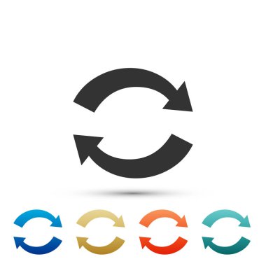 Beyaz arka plan üzerinde izole simgesi yenileyin. Yeniden yükle simgesi. Döndürme oklarını bir daire içinde oturum açın. Renkli simgeler kümesi öğeleri. Düz tasarım. Vektör çizim