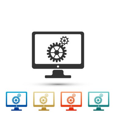 Beyaz arka plan üzerinde izole monitör ve dişli simgesini tıklatın. Monitör hizmet anlayışı. App ayarlama, ayar seçenekleri, bakım, onarım, kavramları sabitleme. Renkli simgeler. Düz tasarım. Vektör çizim