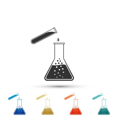 Tüp bebek ve şişesi - beyaz arka plan üzerinde izole kimya laboratuvar test simgesi. Laboratuvar cam işareti. Renkli simgeler kümesi öğeleri. Düz tasarım. Vektör çizim