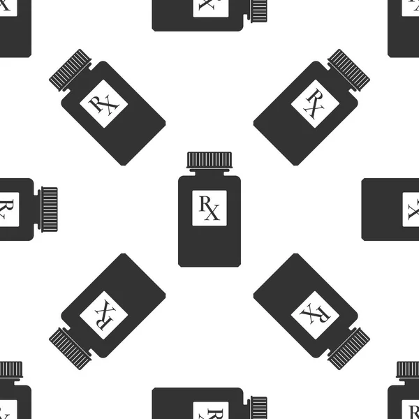 Pill bottle with Rx sign and pills icon seamless pattern on white background. Pharmacy design. Rx as a prescription symbol on drug medicine bottle. Flat design. Vector Illustration