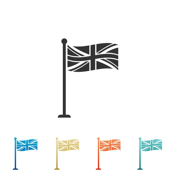 Flag of Great Britain on flagpole icon isolated on white background. UK flag sign. Official United Kingdom flag sign. British symbol. Set elements in colored icons. Flat design. Vector Illustration — Stock Vector