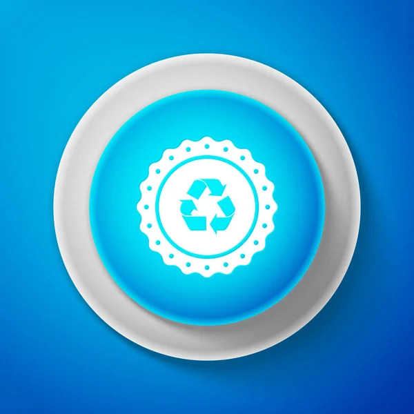 Ícone de etiqueta de símbolo de reciclagem branco isolado no fundo azul. Símbolo de reciclagem ambiental. Círculo botão azul com linha branca. Ilustração vetorial — Vetor de Stock