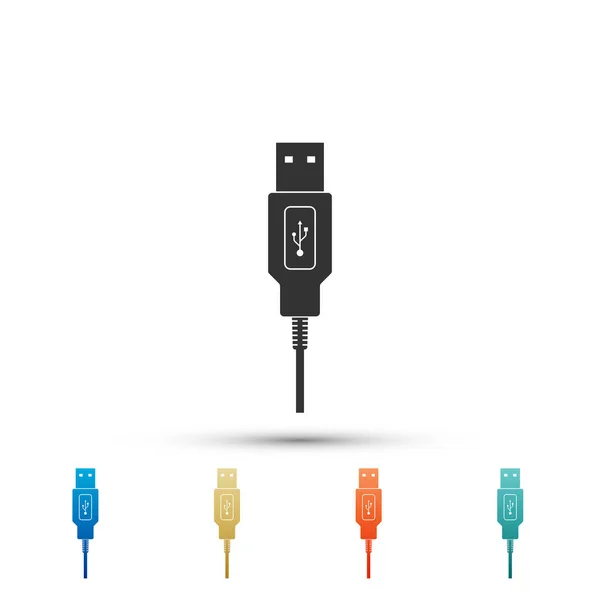 Icono del cable USB aislado sobre fondo blanco. Conectores y enchufes para PC y dispositivos móviles. Conector de periféricos de computadora o suministro de recarga de teléfonos inteligentes. Diseño plano. Ilustración vectorial — Archivo Imágenes Vectoriales