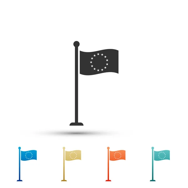 Drapeau de l'Union européenne icône isolée sur fond blanc. Symbole du cercle européen. Agitant le drapeau de l'UE sur un poteau métallique. Définir les éléments dans les icônes colorées. Design plat. Illustration vectorielle — Image vectorielle