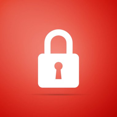 Kilit simgesi üzerinde kırmızı arka plan izole. Düz tasarım. Vektör çizim