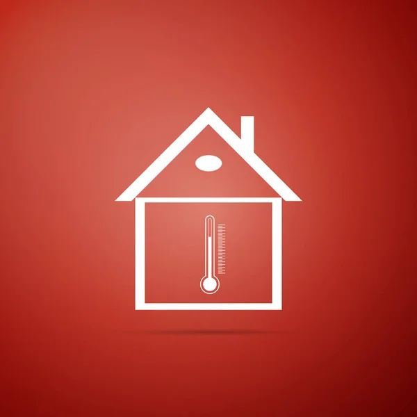 Значок температуры дома выделен на красном фоне. Значок термометра. Плоский дизайн. Векторная миграция — стоковый вектор