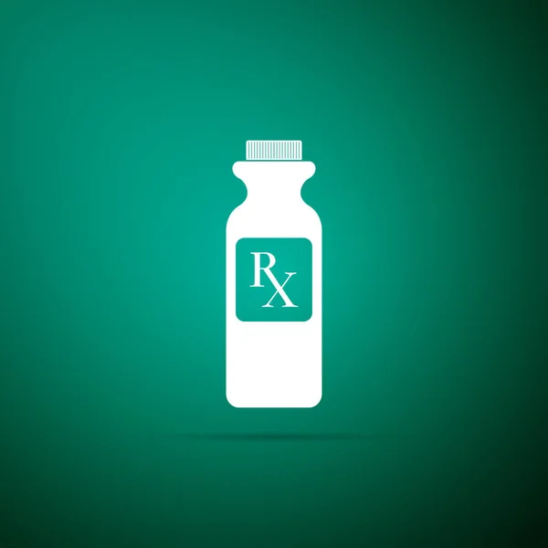 Frasco de pílula com sinal de Rx e ícone pílulas isoladas no fundo verde. Design de farmácia. Rx como um símbolo de prescrição em frasco de medicamento. Design plano. Ilustração vetorial — Vetor de Stock