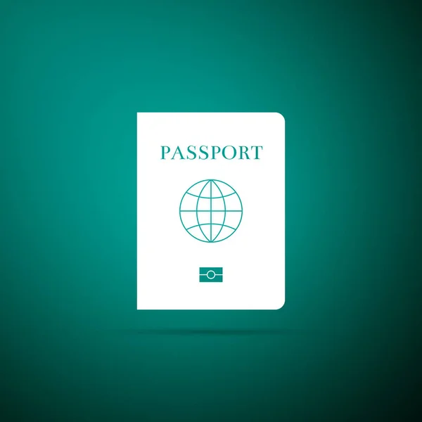 Pasaporte con icono de datos biométricos aislado sobre fondo verde. Documento de identificación. Diseño plano. Ilustración vectorial — Vector de stock