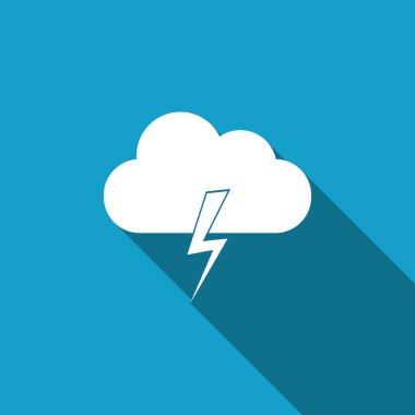 Fırtına simgesi ile uzun gölge izole. Bulut ve şimşek işareti. Fırtınası hava simgesi. Düz tasarım. Vektör çizim