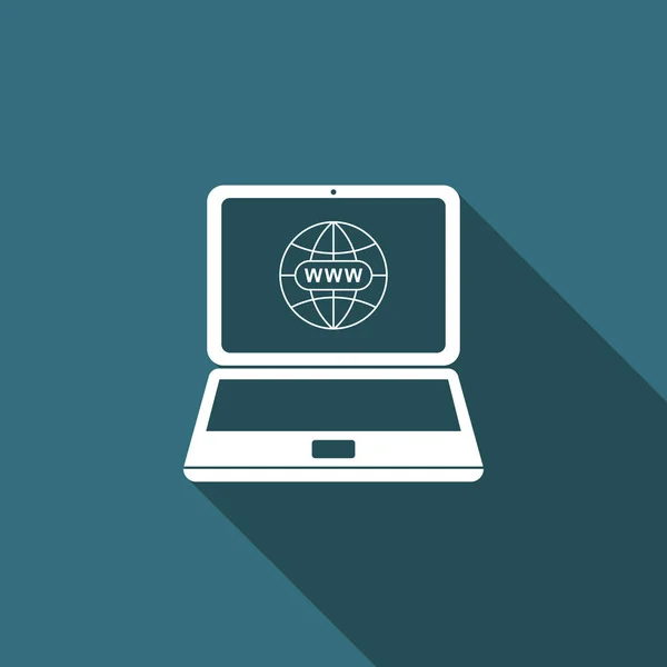 Website over laptop scherm pictogram geïsoleerd met lange schaduw. Globe op scherm van de laptop symbool. Symbool van het World wide web. Internet symbool voor uw web site design, logo. Platte ontwerp. Vectorillustratie — Stockvector