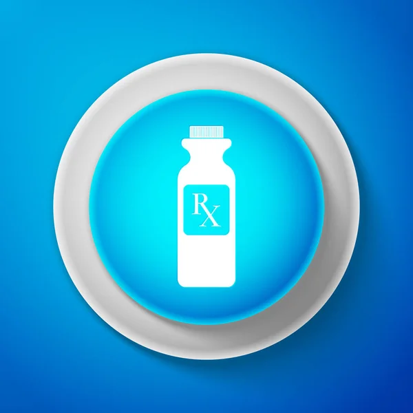 White Pill bottle with Rx sign and pills icon isolated on blue background. Pharmacy design. Rx as a prescription symbol on drug medicine bottle. Circle blue button with white line. Vector illustration