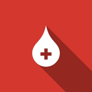 Kan ile uzun gölge izole simge bırakın. Çapraz işareti ile damla kan bağışı. Donör kavramı. Düz tasarım. Vektör çizim