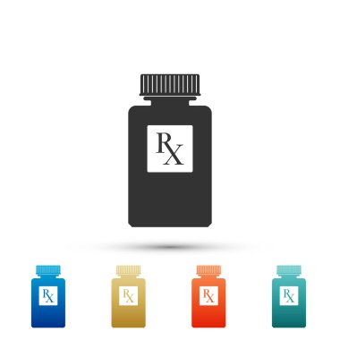 Hapı şişe gri arka plan üzerinde izole Rx işareti ve hapları simgesi olan. Eczane Tasarım. RX uyuşturucu ilaç şişesi bir reçete sembolü olarak. Renkli simgeler ayarlayın. Düz tasarım. Vektör çizim