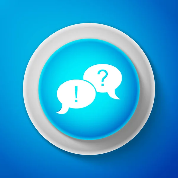 White Speech bubbles with Question and Exclamation marks icon isolated on blue background. Circle blue button with white line. Vector illustration — Stock Vector