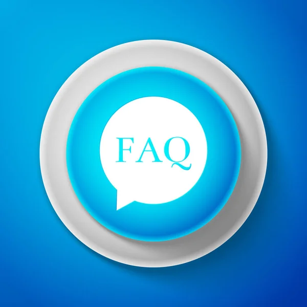 Burbuja de voz blanca con texto FAQ icono de información aislado sobre fondo azul. Botón Círculo con texto FAQ. Botón azul círculo con línea blanca. Ilustración vectorial — Archivo Imágenes Vectoriales