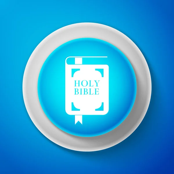 White Holy bible book icon isolated on blue background. Circle blue button with white line. Vector illustration — Stock Vector