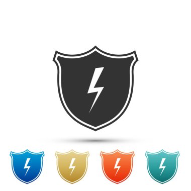 Beyaz arka plan üzerinde izole yıldırım ikonuna ile güvenli kalkan. Renkli simgeler kümesi öğeleri. Düz tasarım. Vektör çizim