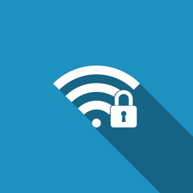 WiFi ile uzun gölge izole işareti simgesi kilitli. Şifre kablosuz simgesi. Kablosuz ağ simgesini. WiFi alanına. Düz tasarım. Vektör çizim