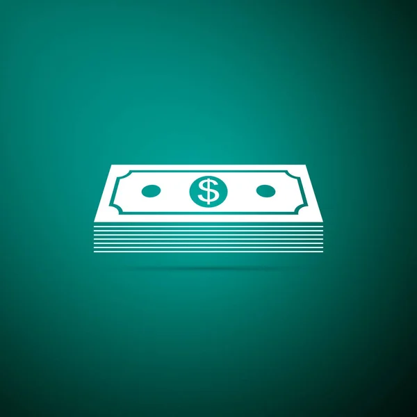 Papperspengar amerikansk dollar kontant ikon isolerad på grön bakgrund. Pengar sedlar stack med dollar ikon. Bill valuta. Platt design. Vektorillustration — Stock vektor